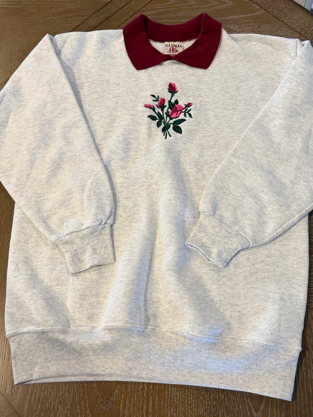 Gloria Vintage Collared Sweatshirt L Gray Embroidered Roses Made in USA